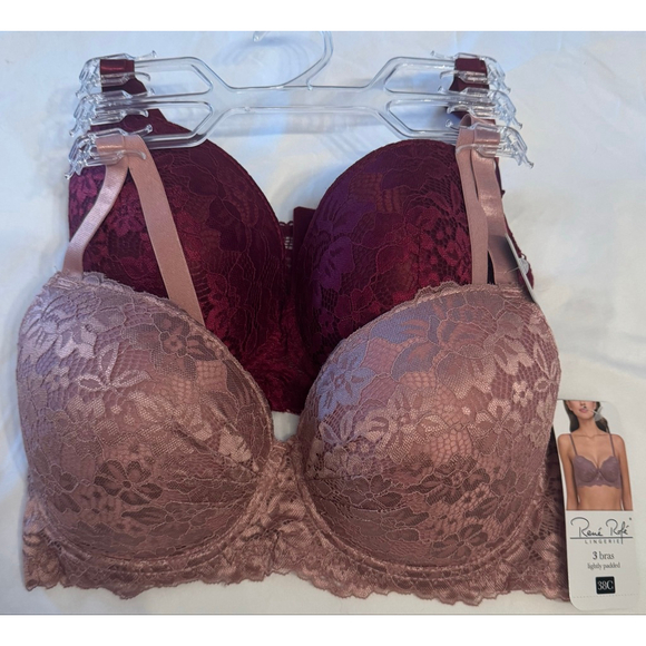 Women's Rene Rofe Bras 38C Pink Burgundy Lightly Padded Lace 2-Pack - Picture 1 of 5